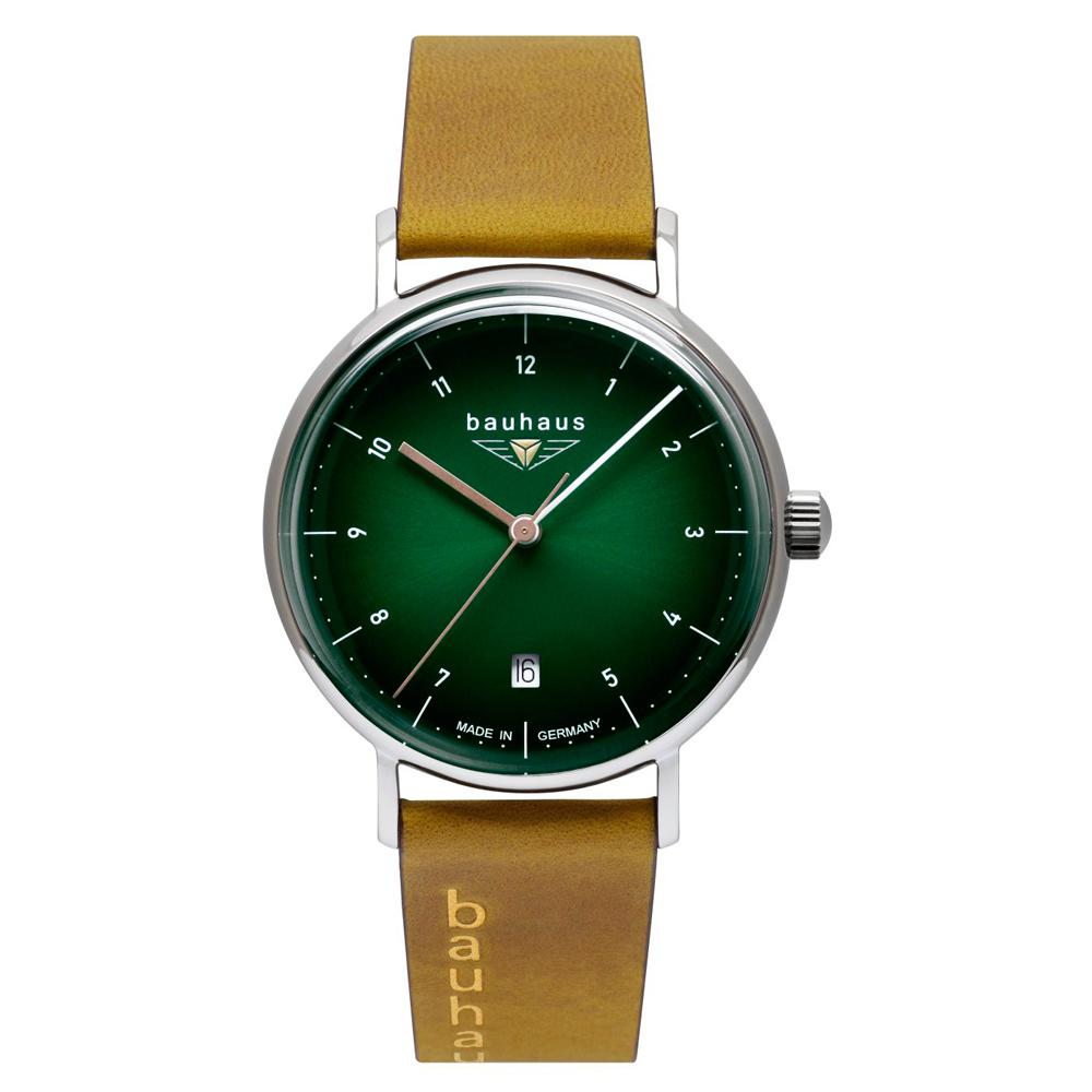 Bauhaus Damenuhr grün silberfarben mit hellbraunem Lederband 2141-4