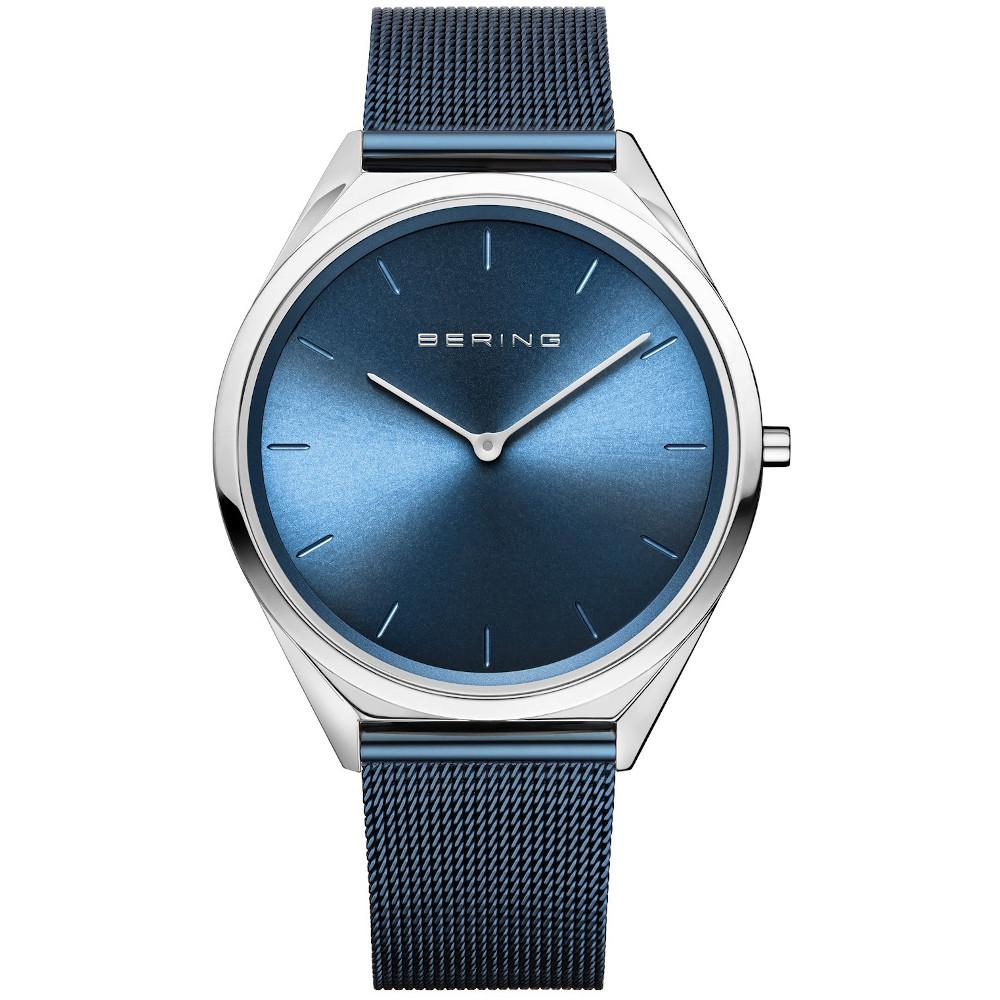 BERING Armbanduhr Ultra Slim silberfarben blau mit Milanaiseband 39 mm