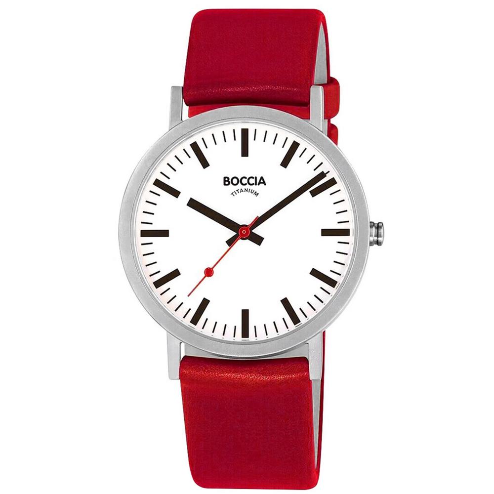 Boccia Titan-Armbanduhr im Bahnhofstyle mit rotem Lederband poliert 3651-13