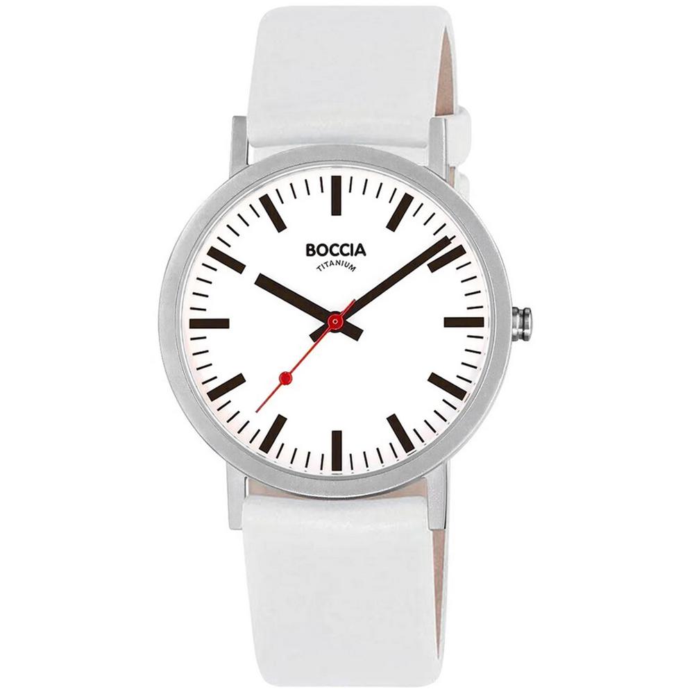 Boccia Titan-Armbanduhr im Bahnhofstyle mit weißem Lederband 3651-10