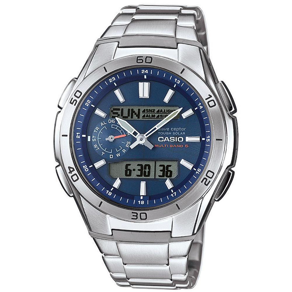 Casio Funkuhr Solaruhr Armbanduhr blau mit Edelstahlband WVA-M650D-2AER