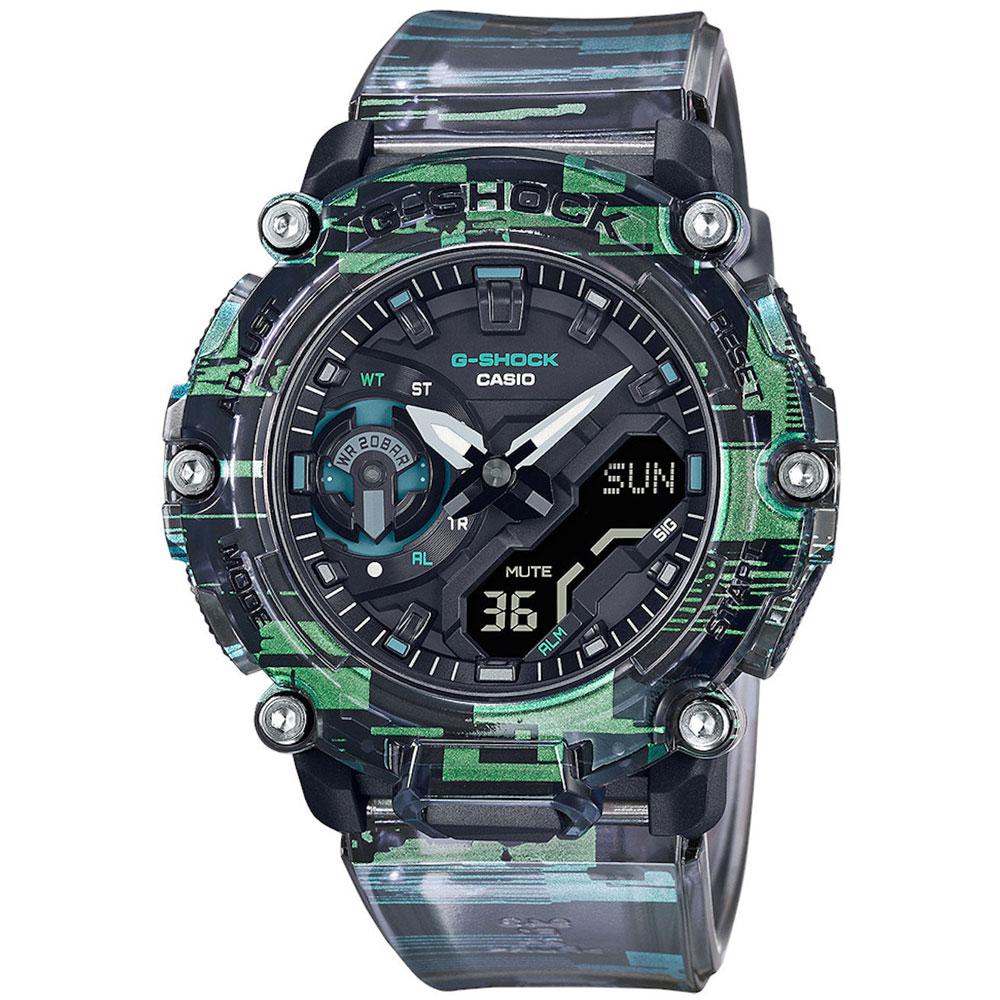 Casio G-SHOCK Armbanduhr transparent Glitch Design grün blau grau GA-2200NN-1AER