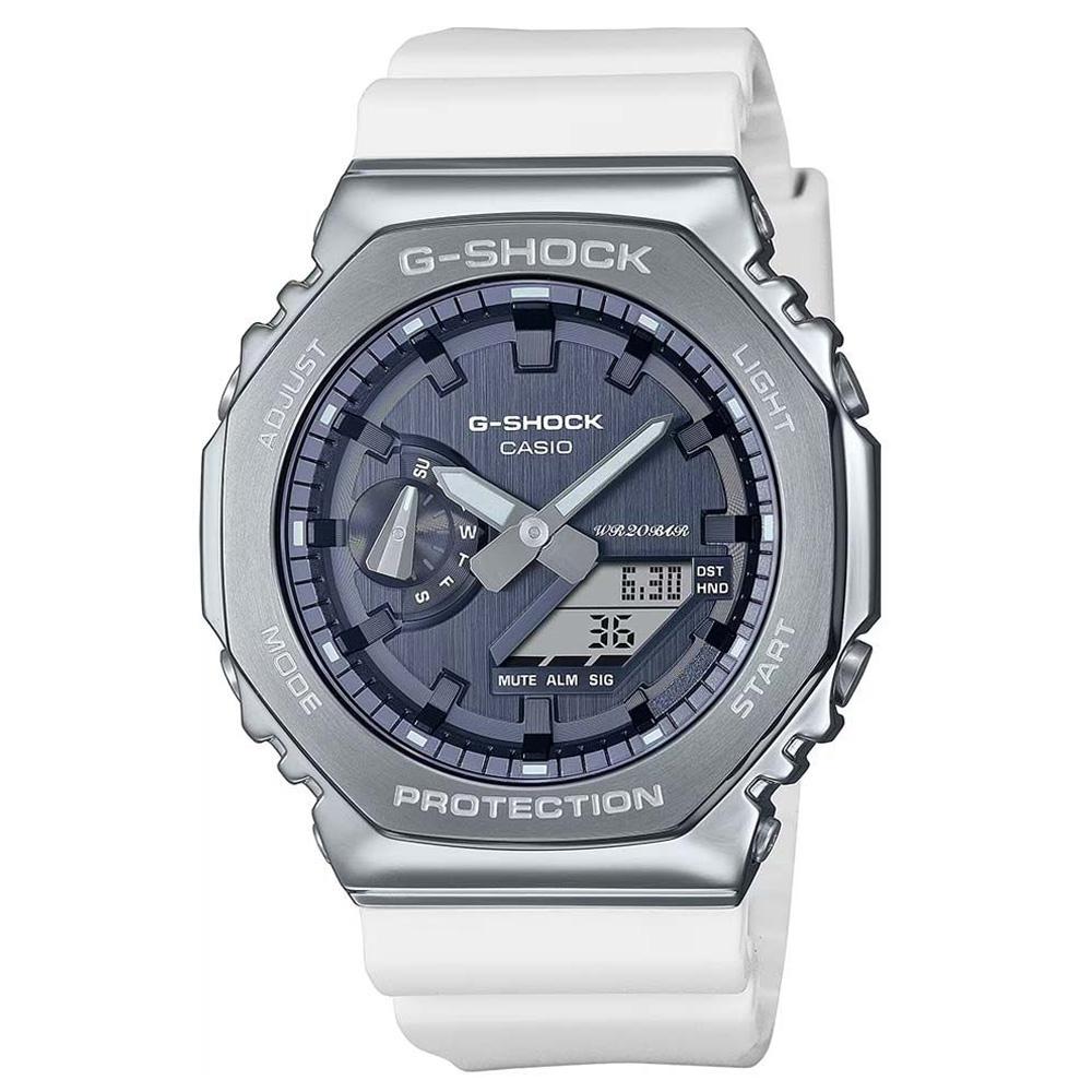 Casio G-SHOCK Armbanduhr silberfarben grau mit weissen Kunststoffband GM-2100WS-7AER
