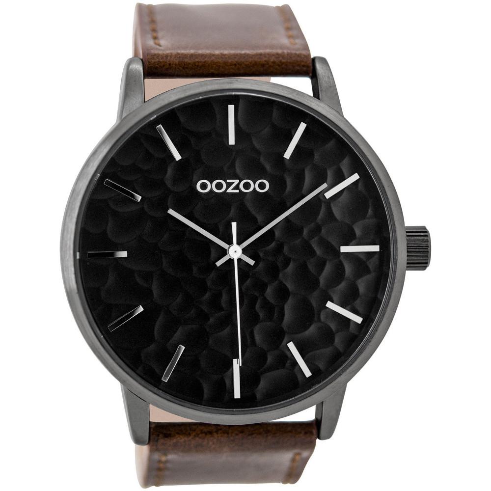 OOZOO Herrenuhr schwarz mit braunem Lederarmband C9443