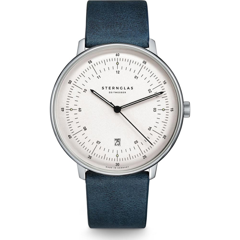 STERNGLAS Hamburg Armbanduhr weiß silberfarben mit Lederband blau S01-HH10-VI13
