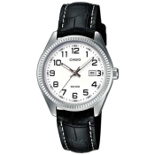 Casio Damenuhr rund silberfarben weiss mit schwarzem Lederband LTP-1302PL-7BVEG