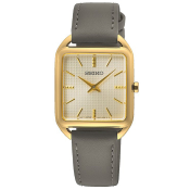 Seiko Damenuhr goldfarben eckig mit grauem Lederband SWR090P1
