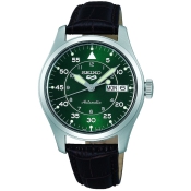 Seiko Herrenuhr 5 Sports Automatik silberfarben gr&uuml;n mit braunem Lederband SRPJ89K1