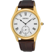 Seiko Herrenuhr mit Saphirglas goldfarben Lederband braun SRK050P1