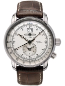 Zeppelin 100 Jahre Dualtime silberfarben mit dunkelbraunen Lederband 7640-1